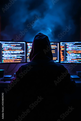 Hacker devant écrans de données