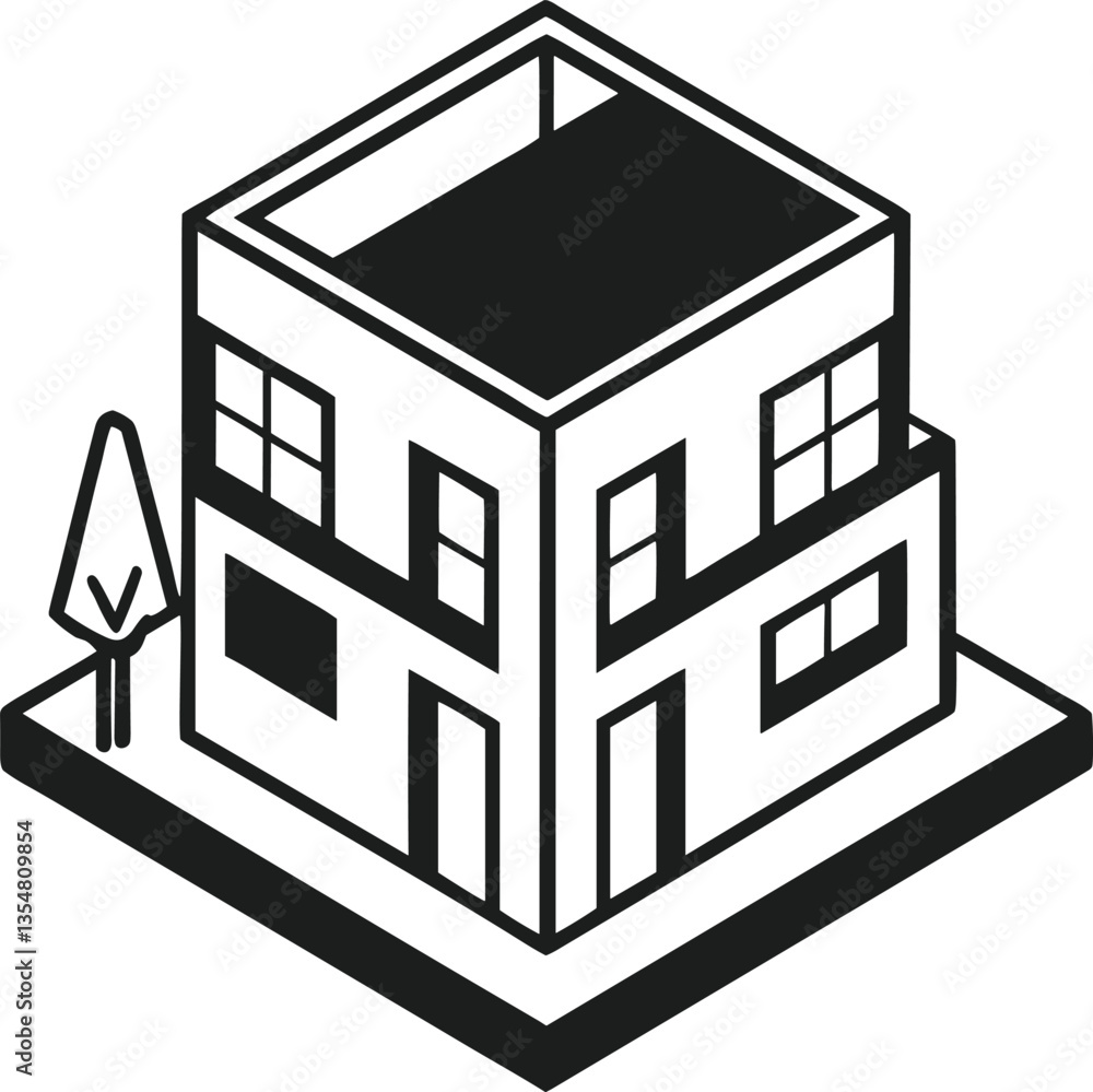 Fototapeta premium Modern Isometric House Silhouette Vector – Black Two-Story Building Icon with Tree and Roof Terrace