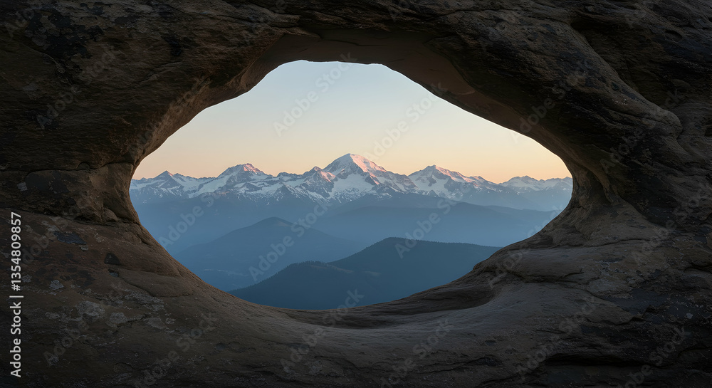 Fototapeta premium Mountains Through Rock Window Natural Arch at Early Morning Light