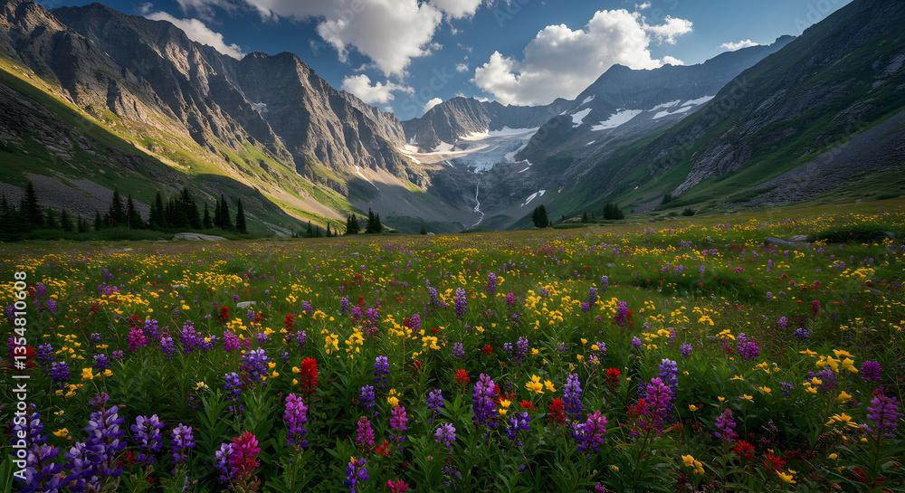 Obraz premium Colorful Wildflower Meadow in Mountain Valley with Distant Glacier View
