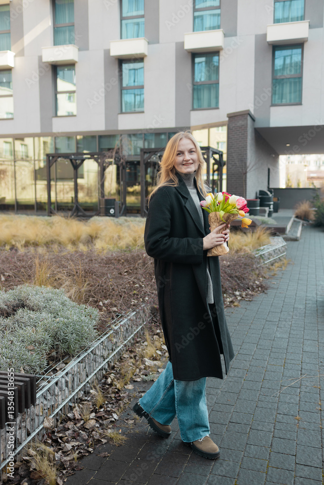 Beautiful happy Caucasian woman smelling bunch of tulips with closed eyes. High quality