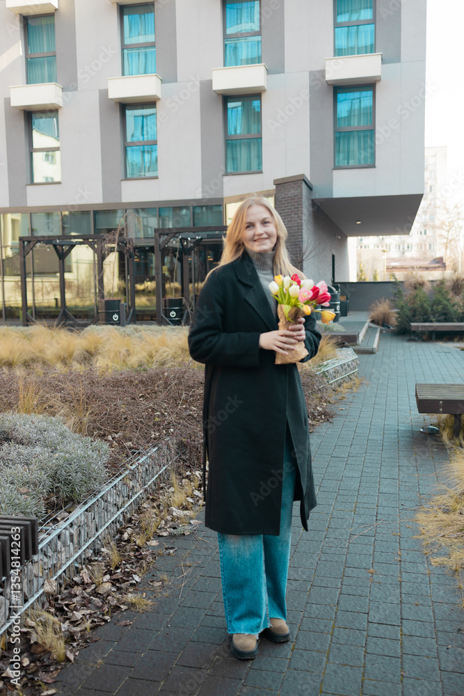 Beautiful happy Caucasian woman smelling bunch of tulips with closed eyes. High quality