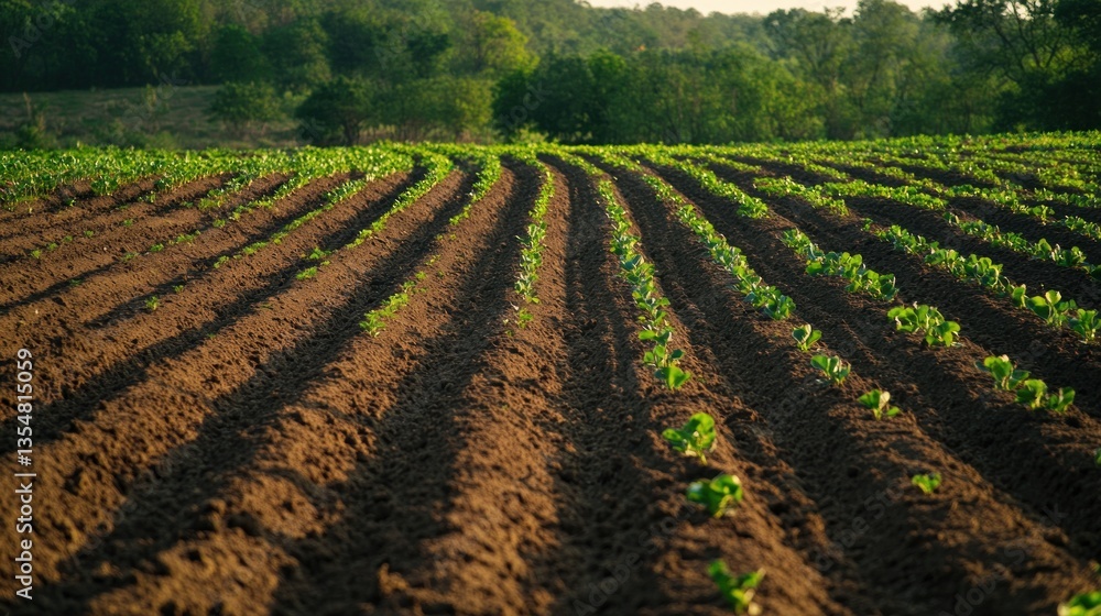 Rows of young plants are growing in a sunlit agricultural field Rows of young plants are growing in a sunlit agricultural field