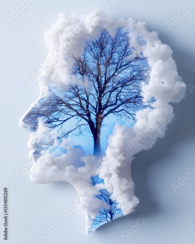 A surreal representation of a face filled with clouds and a tree, symbolizing the connection between nature and human psyche.