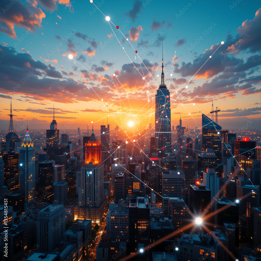 Obraz premium Connected City Sunset Skyline.