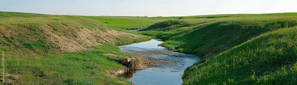 A flowing river meanders through green grassy rolling hills A flowing river meanders through green grassy rolling hills