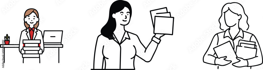 Businesswomen Office Workers Documents Folders Laptop Desk Plants Businesswomen Office Workers Documents Folders Laptop Desk Plants