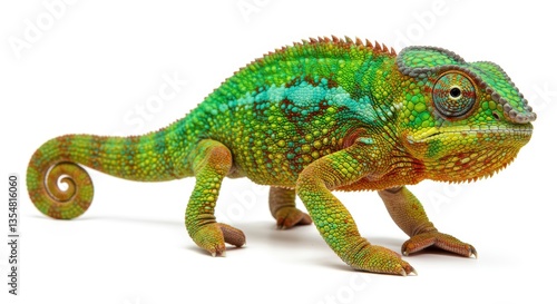 Wallpaper Mural A vibrant chameleon showcases stunning green and orange colors. Its bulging eyes and textured skin highlight the beauty of wildlife, perfect for educational projects. Torontodigital.ca