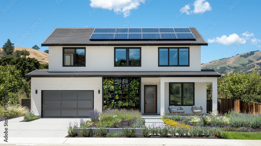 Luxury home and mansion premium, A modern home featuring solar panels, surrounded by greenery and a tidy landscape, showcasing sustainable architecture and contemporary design. Luxury home and mansion premium, A modern home featuring solar panels, surrounded by greenery and a tidy landscape, showcasing sustainable architecture and contemporary design.