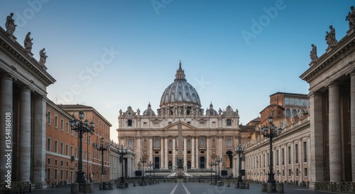 Saint Peters Basilica stands majestically under a clear and bright blue sky