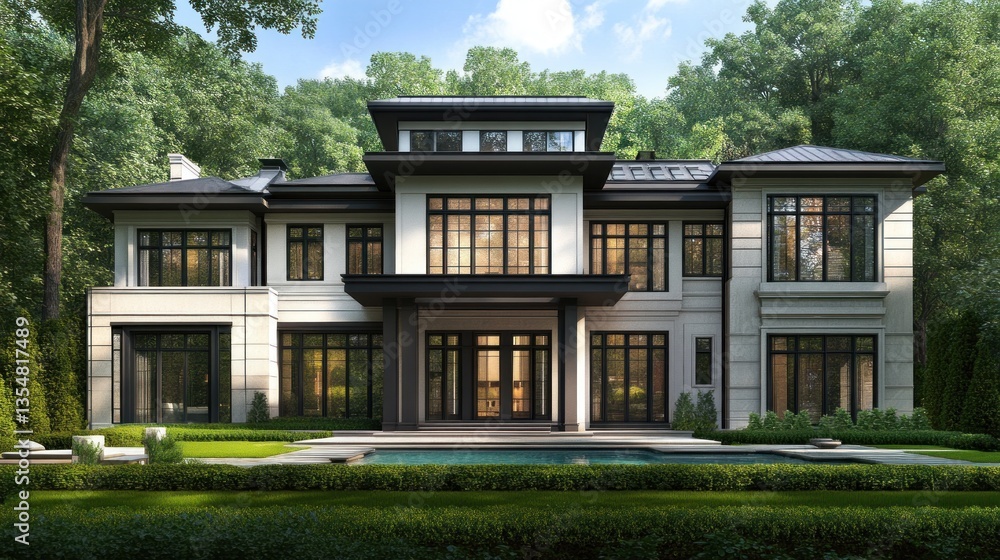Fototapeta premium A modern two story house surrounded by manicured green trees