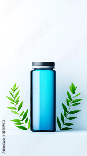 Wallpaper Mural A sleek, blue glass bottle surrounded by green leaves against a minimalist background, conveying freshness and a modern aesthetic. Torontodigital.ca