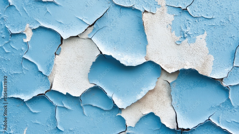Obraz premium Detailed shot of a blue wall with peeling paint and natural cracks, revealing a worn concrete texture in shades of blue and white.
