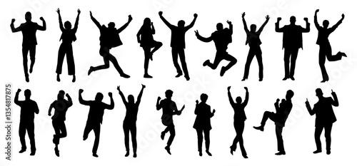 Silhouettes of business people celebrating win, goal achievement. Business team with hands up on transparent background. Concept of victory and success. Vector black outline illustration.