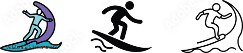 Water Sports Icons Surfing, Windsurfing, and Wakeboarding Illustrations