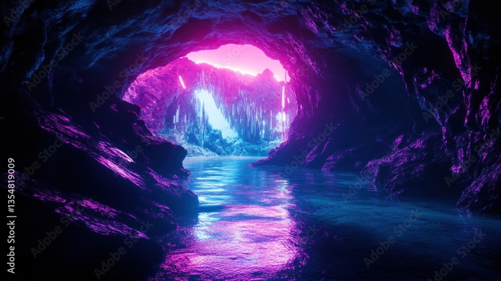 Fototapeta premium A neon illuminated cave with a shimmering reflective lake inside