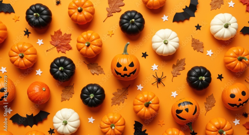 A vibrant arrangement of assorted pumpkins in orange, black, and white hues, complemented by autumn leaves and playful decorations. Perfect for Halloween themes and seasonal celebrations. A vibrant arrangement of assorted pumpkins in orange, black, and white hues, complemented by autumn leaves and playful decorations. Perfect for Halloween themes and seasonal celebrations.