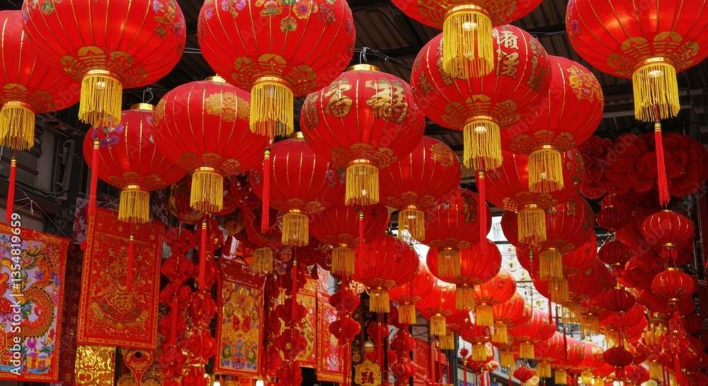 Fototapeta premium Vibrant red lanterns with gold designs hang festively, creating a celebratory atmosphere. Cultural decorations enhance the spirit, showcasing beautiful traditions.