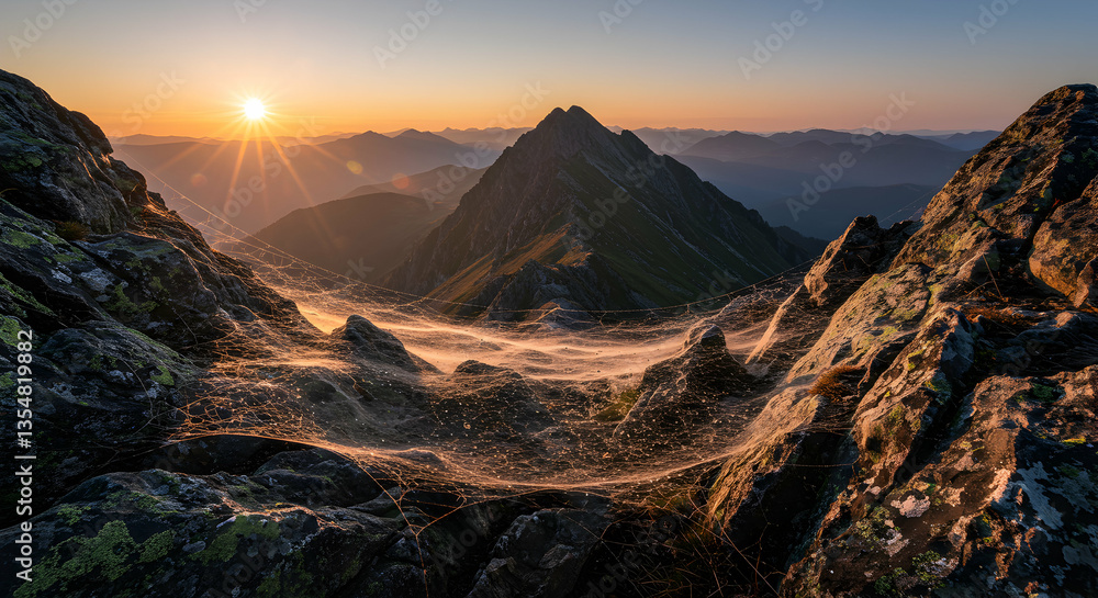 Obraz premium Sunrise Over Mountain Peak with Spiderweb Between Rocky Outcrops Landscape