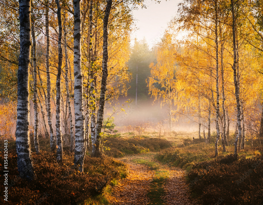 Norwegian forest trails in autumn filled with golden leaves under soft light and misty air framing tall birch trees Norwegian forest trails in autumn filled with golden leaves under soft light and misty air framing tall birch trees