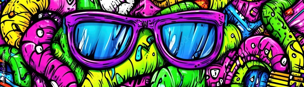 Fototapeta premium Abstract artwork features colorful shapes and a stylish pair of sunglasses
