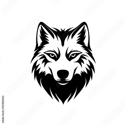 Symmetrical black and white wolf head illustration with sharp details, representing strength, leadership, wilderness, and the untamed spirit of nature in a modern vector design.