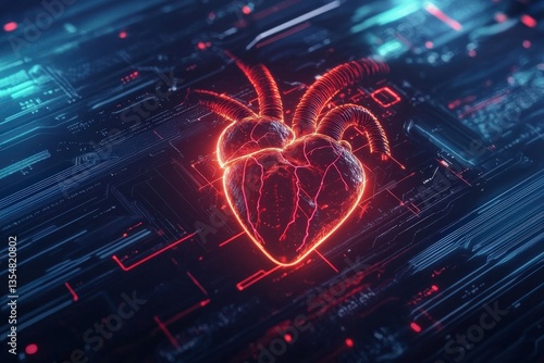 Digital Heartbeat Visualization With Neon Hearts Surrounded by Circuit Patterns, Symbolizing Technology, Connection, and Modern Relationships in a Futuristic Setting