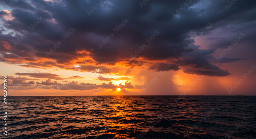 Ocean at Dramatic Sunset with Sun Rays and Approaching Storm Ocean at Dramatic Sunset with Sun Rays and Approaching Storm