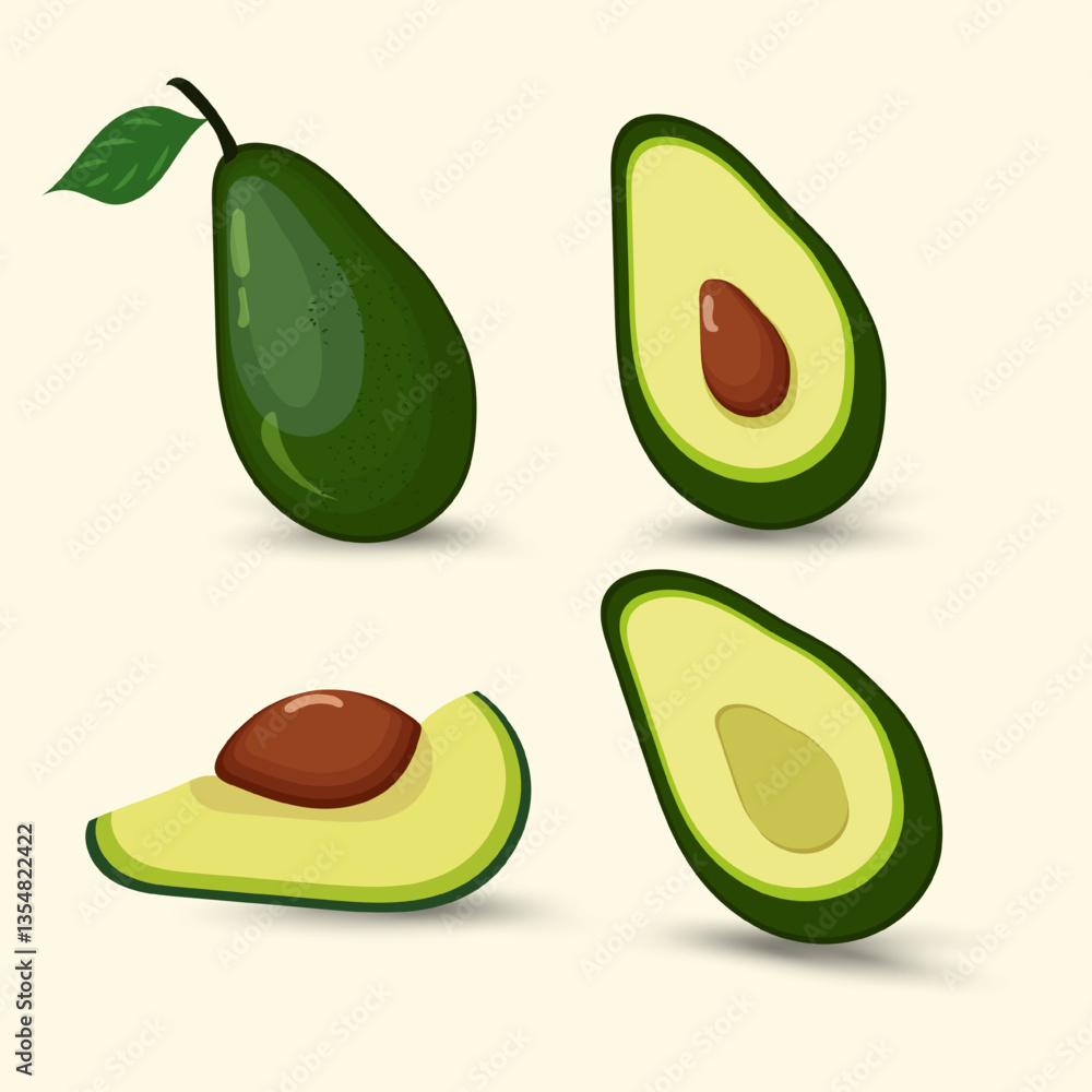 A collection of Avocadoes green fruits concepts, healthy avocado fruit half pieces, peels, green leaf on isolated background. A groups of avocado vector, illustration A collection of Avocadoes green fruits concepts, healthy avocado fruit half pieces, peels, green leaf on isolated background. A groups of avocado vector, illustration