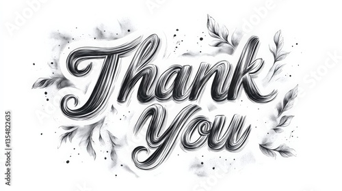 Elegant Handwritten Thank You Note with Decorative Leaves and Flourishes, Perfect for Appreciation Messages in Various Contexts and Celebrations