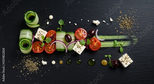 Deconstructed Greek Salad with Fresh Ingredients on Dark Background  