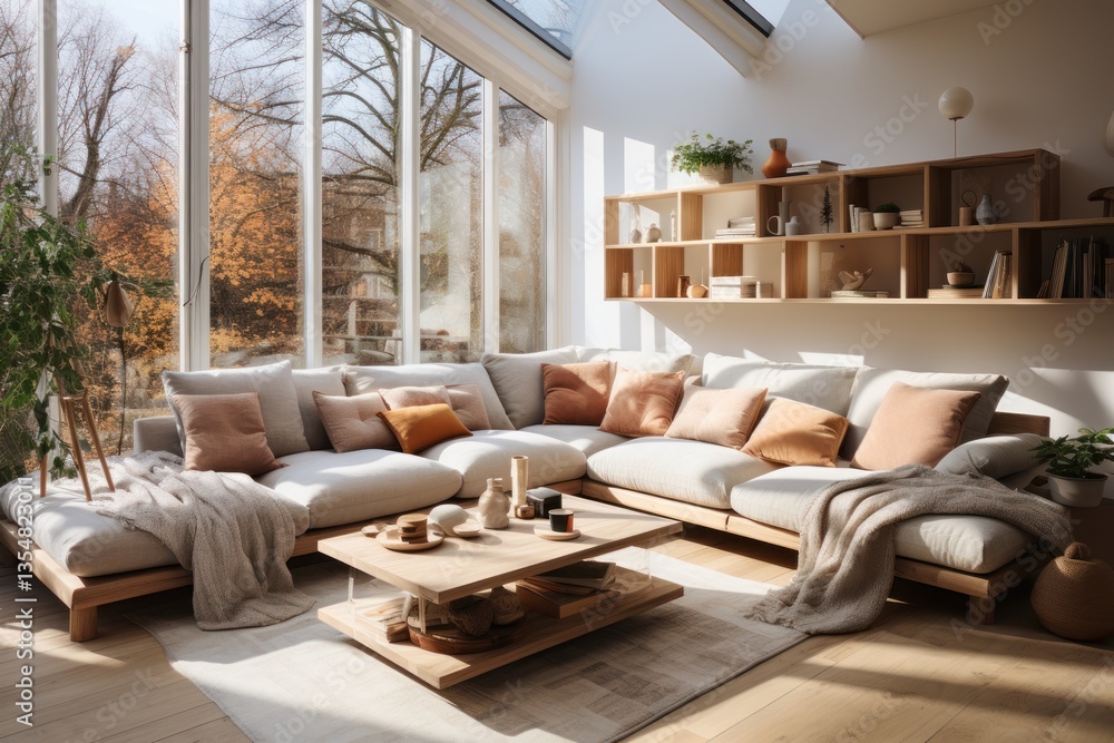 Modern Scandinavian Living Room with Minimalist Design and Neutral Tones. Cozy Ambiance. Real Estate and Home Decor Concept with Copy Space. Modern Scandinavian Living Room with Minimalist Design and Neutral Tones. Cozy Ambiance. Real Estate and Home Decor Concept with Copy Space.