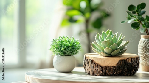 Wallpaper Mural A modern still life showcasing eco-chic decor elements like reclaimed wood accents, green succulents, and sustainable decorative items on a light, airy surface. Torontodigital.ca