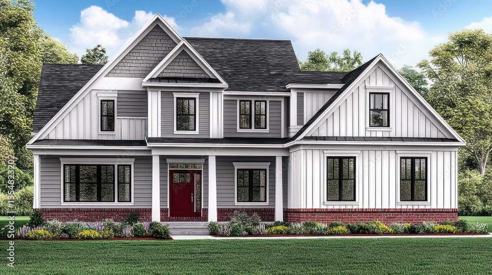 A detailed rendering showcasing a modern and beautiful residential house facade A detailed rendering showcasing a modern and beautiful residential house facade