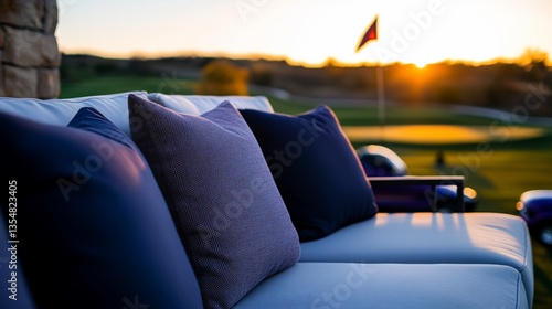 Relaxing twilight scene with pillows and a golf course in the background