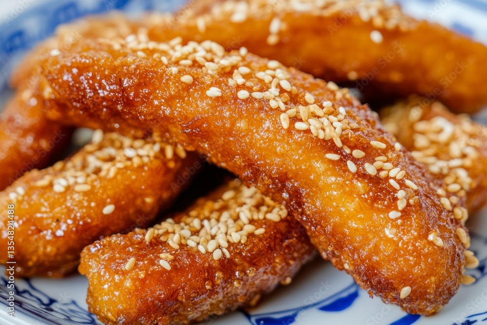 Close-up of Delicious Fried Banana Dessert with Sesame Seeds on Plate Close-up of Delicious Fried Banana Dessert with Sesame Seeds on Plate