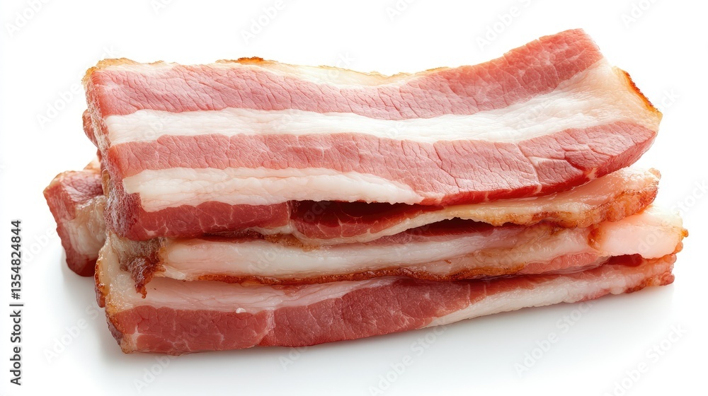 Stack of raw bacon slices with visible fat and meat layers, fresh and uncooked, isolated on a bright white background. No people. Stack of raw bacon slices with visible fat and meat layers, fresh and uncooked, isolated on a bright white background. No people.