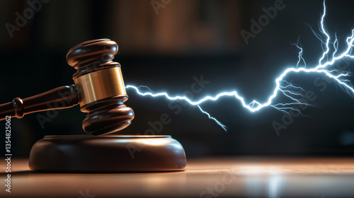 Lightning Judgment â A gavel crashes down, sparking electric energy. Blue lightning arcs from the impact, illuminating the judgeâs serious face in the shadows.