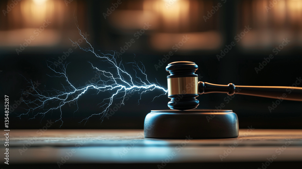 Lightning Judgment â A gavel crashes down, sparking electric energy. Blue lightning arcs from the impact, illuminating the judgeâs serious face in the shadows.