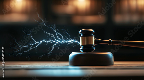 Obraz na płótnie Lightning Judgment â A gavel crashes down, sparking electric energy. Blue lightning arcs from the impact, illuminating the judgeâs serious face in the shadows. w salonie