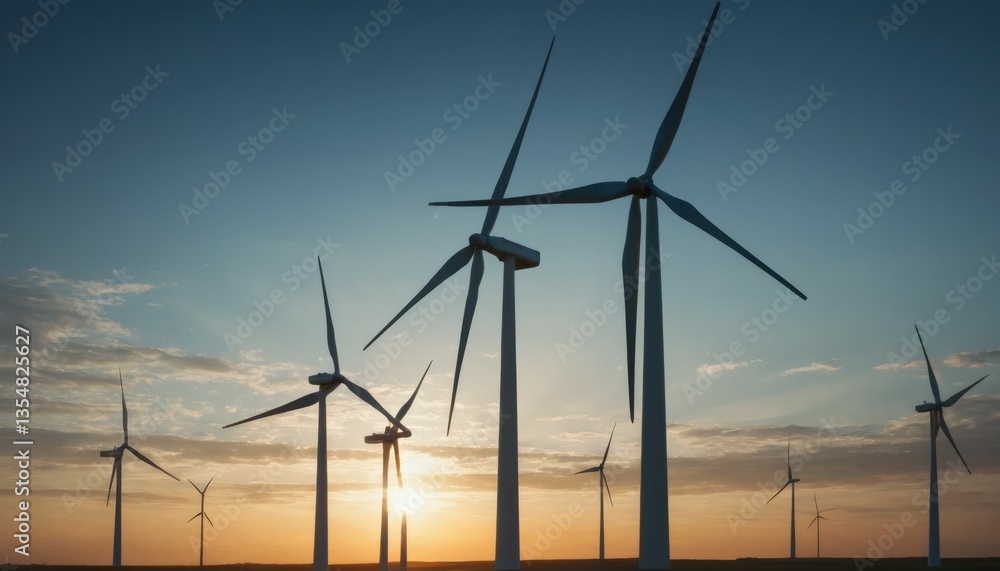 Fototapeta premium Wind Turbines Silhouetted Against Evening Sky Renewable Energy Concept