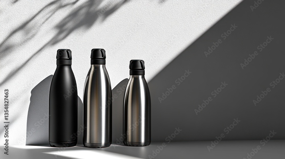 Three Stainless Steel Drink Bottles Against A White Wall Three Stainless Steel Drink Bottles Against A White Wall
