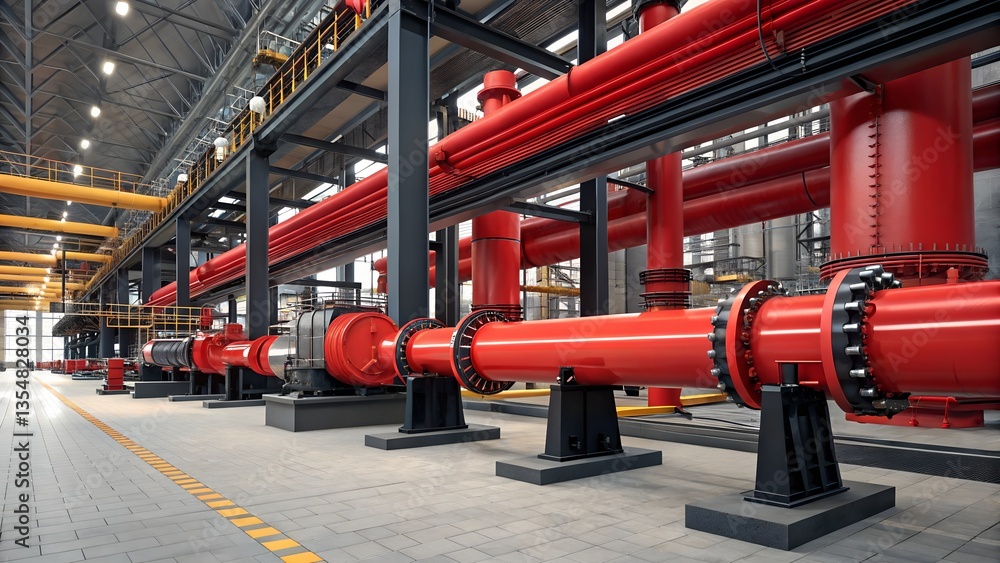 Naklejka premium A vibrant industrial facility with RED pipelines, Black supports, and metallic textures. High-tech, detailed, and dynamic factory setting for industrial projects