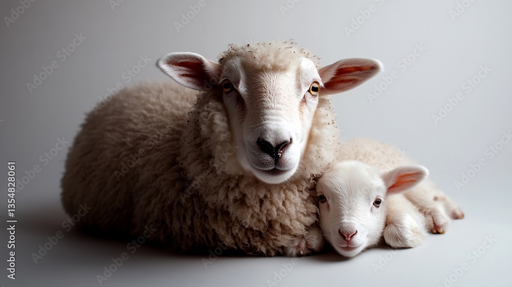 Fototapeta premium Affectionate bond between ewe and lamb in a comforting embrace studio setting