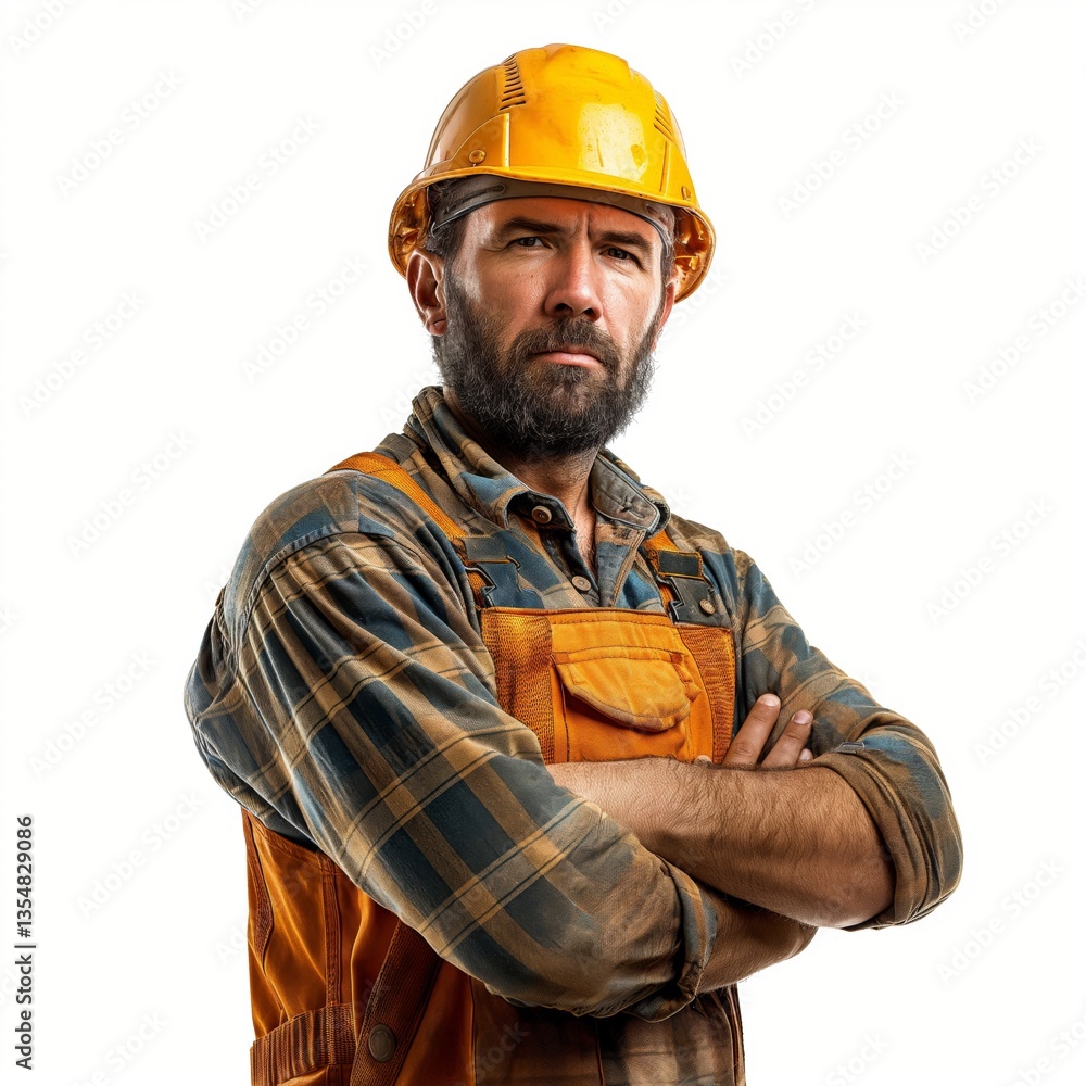 Determined male construction worker with a beard, wearing a plaid shirt and orange overalls with a hard hat, standing with arms crossed. Determined male construction worker with a beard, wearing a plaid shirt and orange overalls with a hard hat, standing with arms crossed.