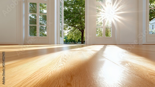 Wallpaper Mural Bright Sunny Room with Open Doors Revealing Nature Outdoors and Wooden Floor Torontodigital.ca