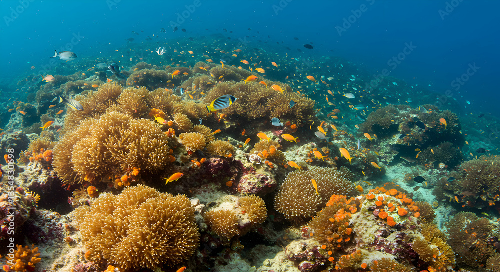 Naklejka premium Exploring Vibrant Coral Reef Ecosystem with Diverse Fish and Marine Life