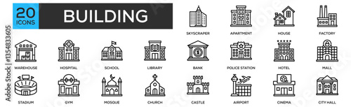 Building icon collection set. Containing design Skyscraper, Apartment, House, Factory, Warehouse