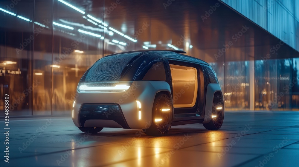 Naklejka premium Futuristic self-driving vehicle parked on city street at night.