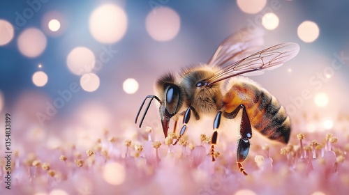 Bee resting peacefully inside a flower at night in a tranquil environment
